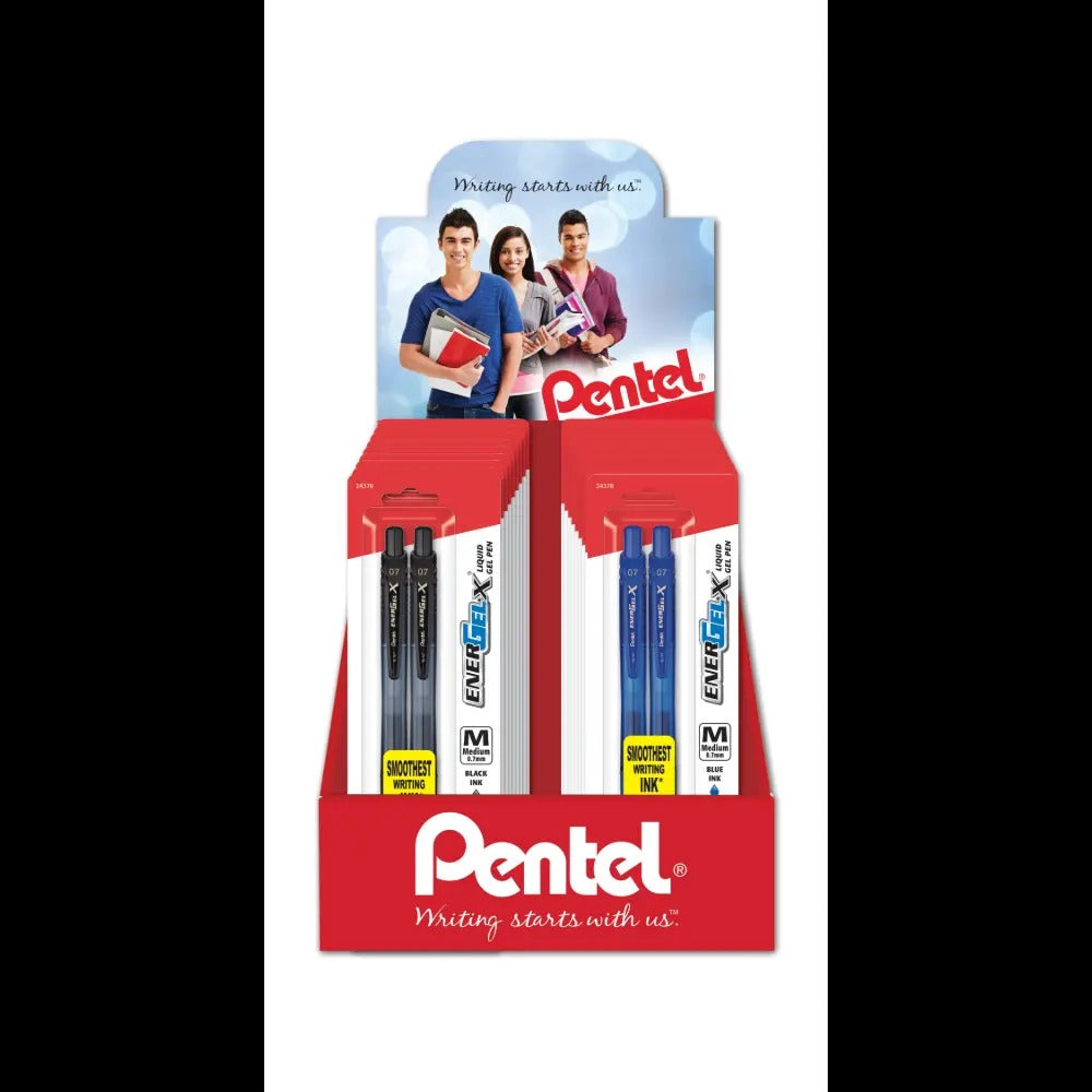 EnerGel-X Liquid Gel Pen, (0.7mm) Med. Line, Metal Tip, Black Ink, 2-Pks, Blister Pack Counter Display - 18 Pieces