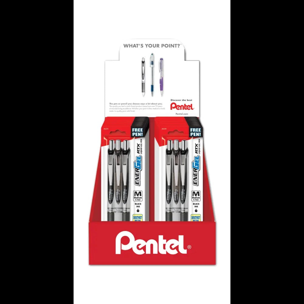 EnerGel RTX Liquid Gel Pen, (0.7mm) Med. Line, Metal Tip, Black Ink,2-Pks, Blister Pack Counter Display - 18 Pieces