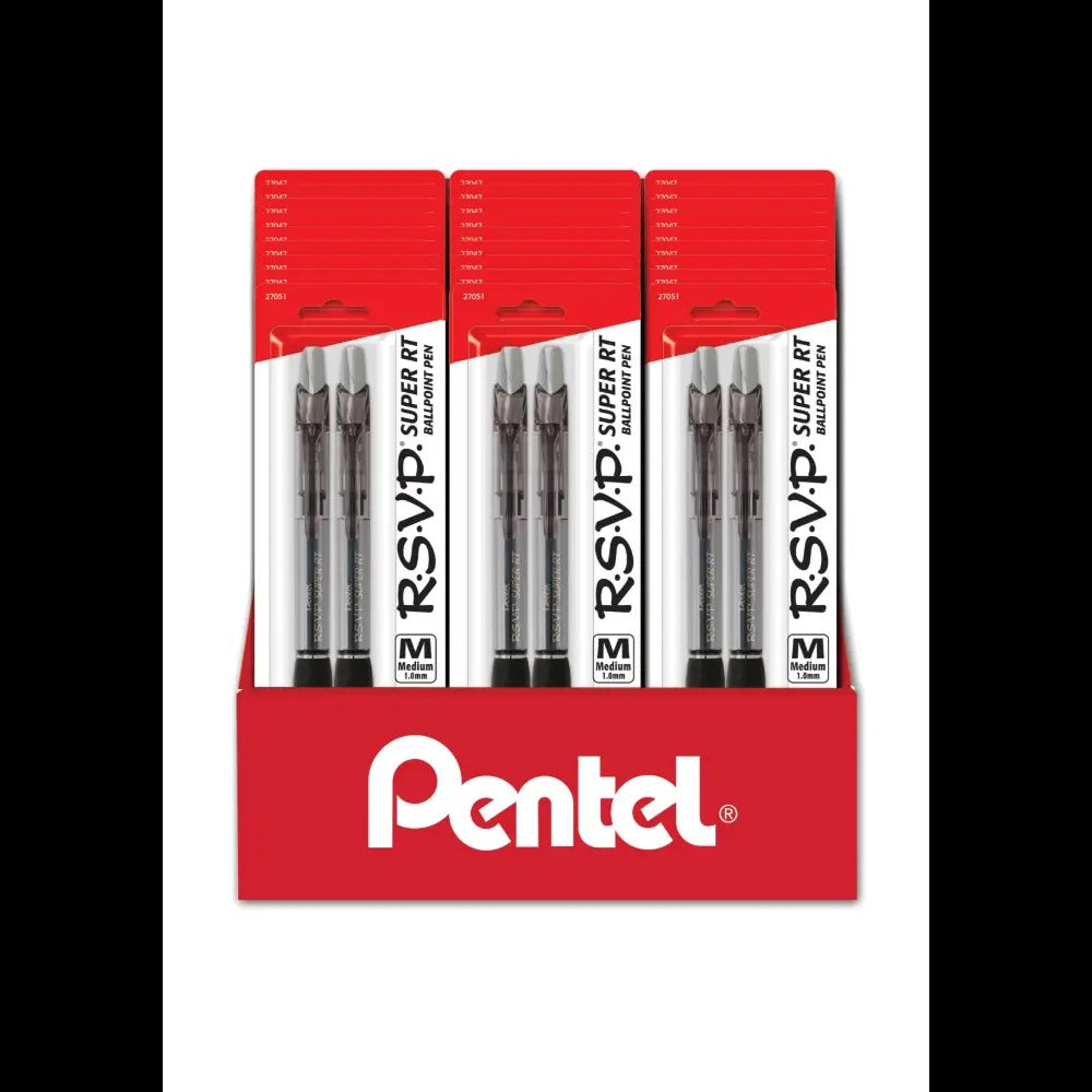 RSVP SUPER RT Ballpoint Pen, (1.0mm) Med. Line, Black Ink, 2-Pks, Blister Pack Counter Display - 27 Pieces
