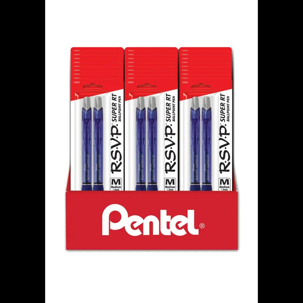 RSVP SUPER RT Ballpoint Pen, (1.0mm) Med. Line, Blue Ink, 2-Pks, Blister Pack Counter Display - 27 Pieces