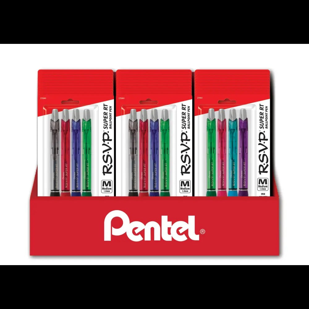 RSVP SUPER RT Ballpoint Pen, (1.0mm) Med. Line, Assorted Ink, 4-Pks, Blister Pack Counter Display - 27 Pieces