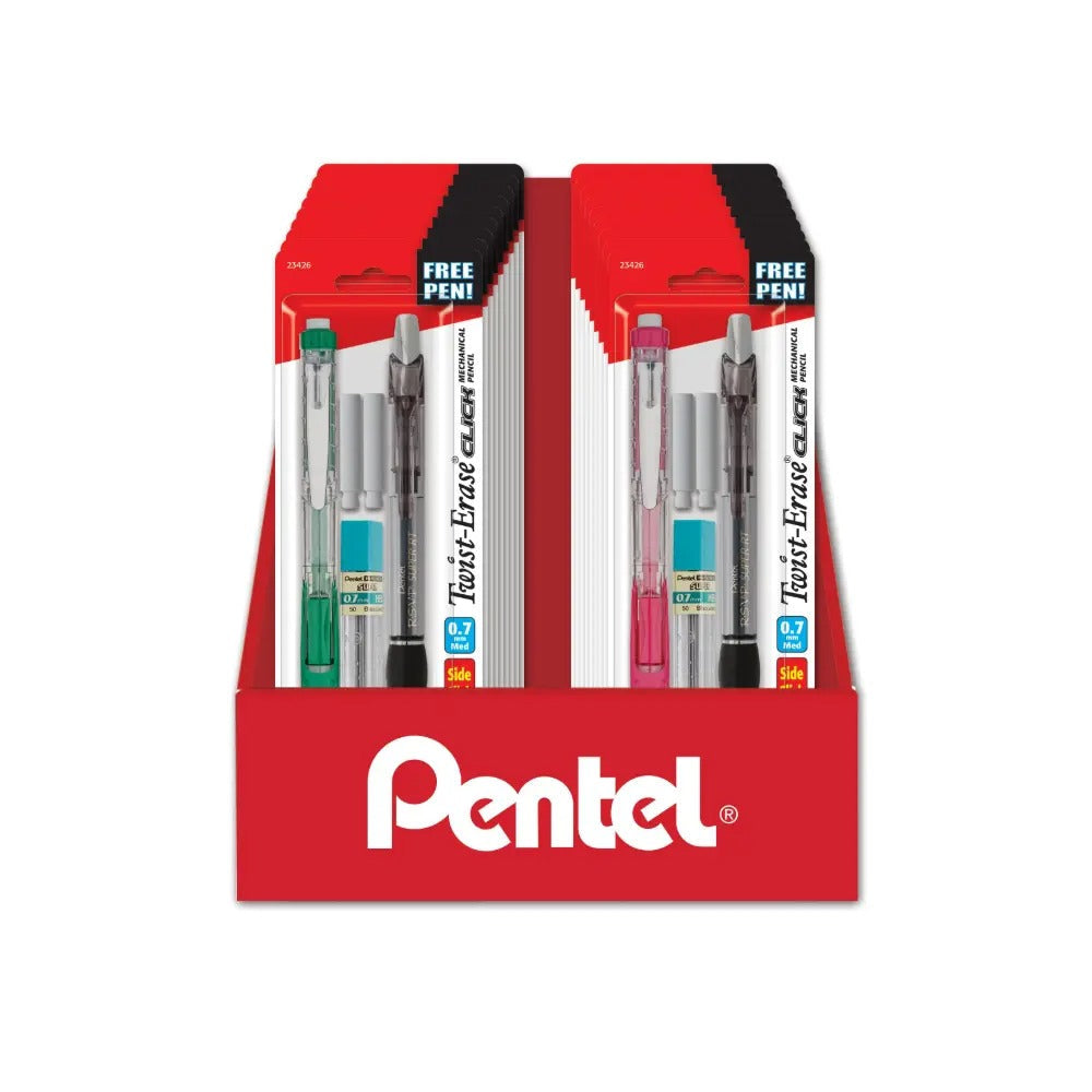 Twist-Erase Click Mechanical Pencil (0.5/0.7mm) Fine/Med. Line, Assorted Barrel Colors, Lead and Eraser Included, 1-Pks, Blister Pack Counter Display - 18 Pieces