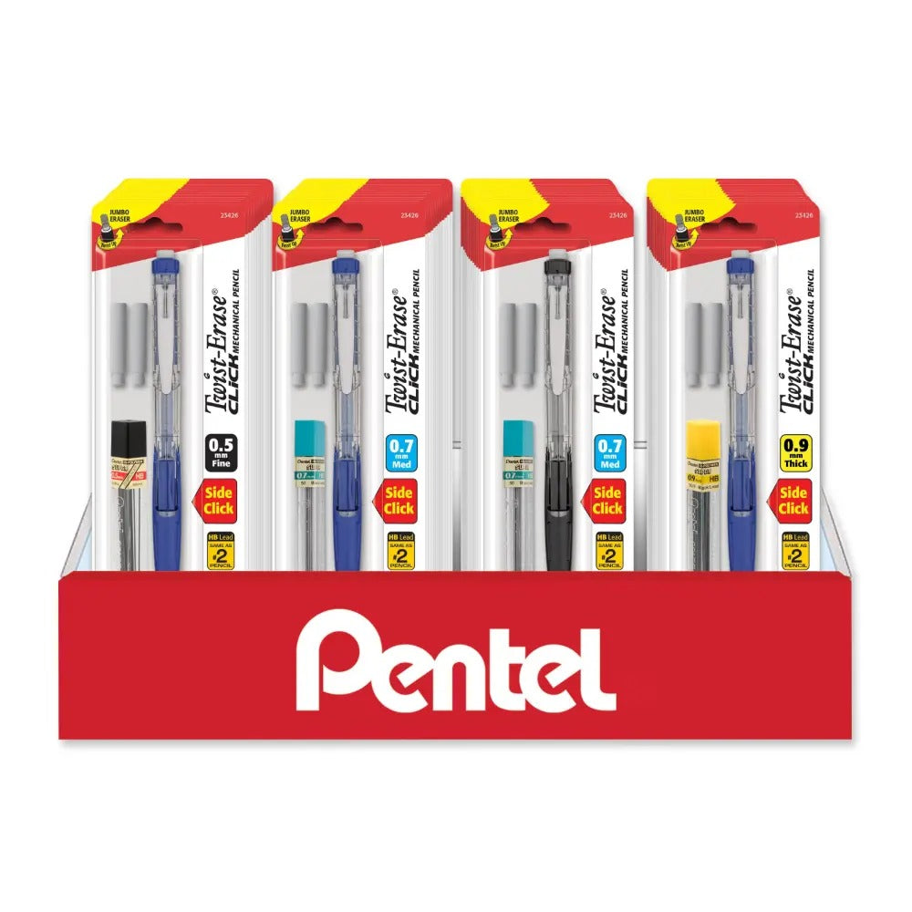 Twist-Erase Click Mechanical Pencil (0.5/0.7mm) Fine/Med. Line, Assorted Barrel Colors, Lead and Eraser Included, 1-Pks, Blister Pack Counter Display - 18 Pieces