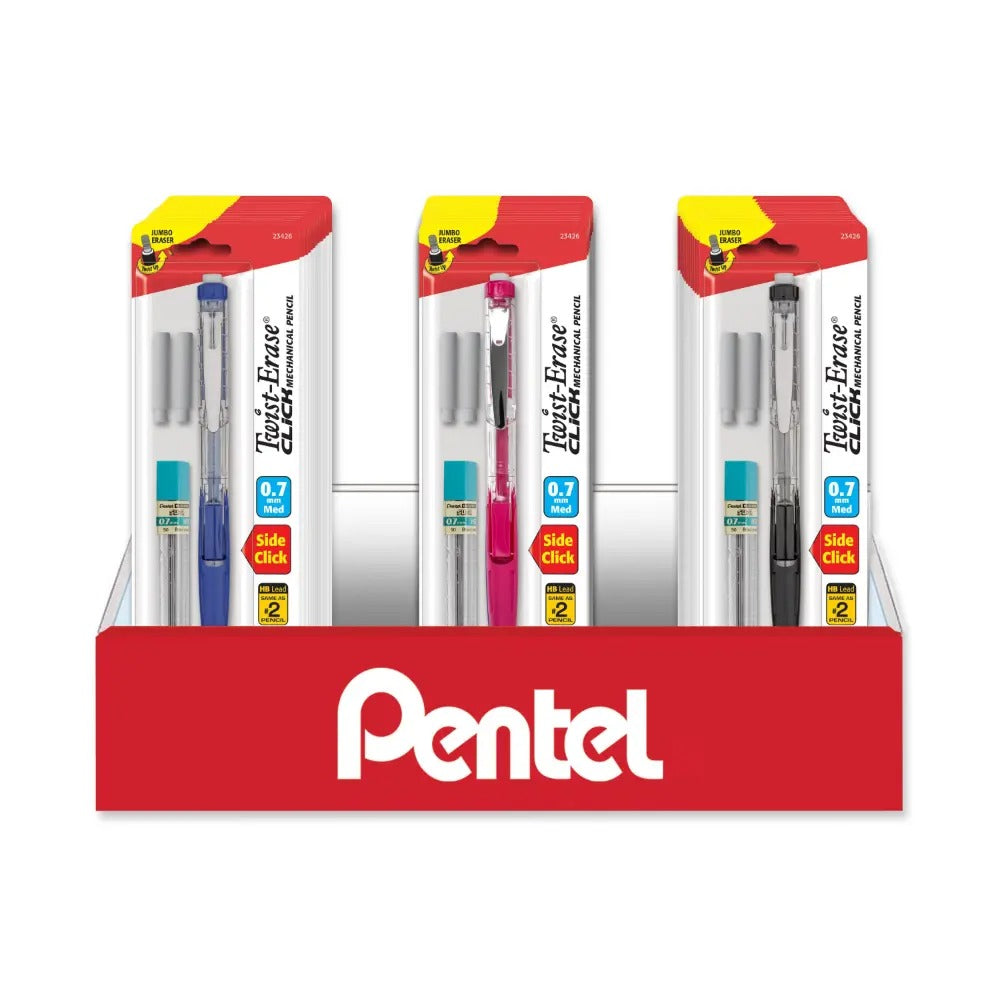 Twist-Erase Click Mechanical Pencil (0.7mm) Medium Line, Assorted Barrel Colors, Lead & Refill Erasers, 1-packs with FREE EnerGel Kuro Gel Pen Blister Pack Counter Display - 36 Pieces