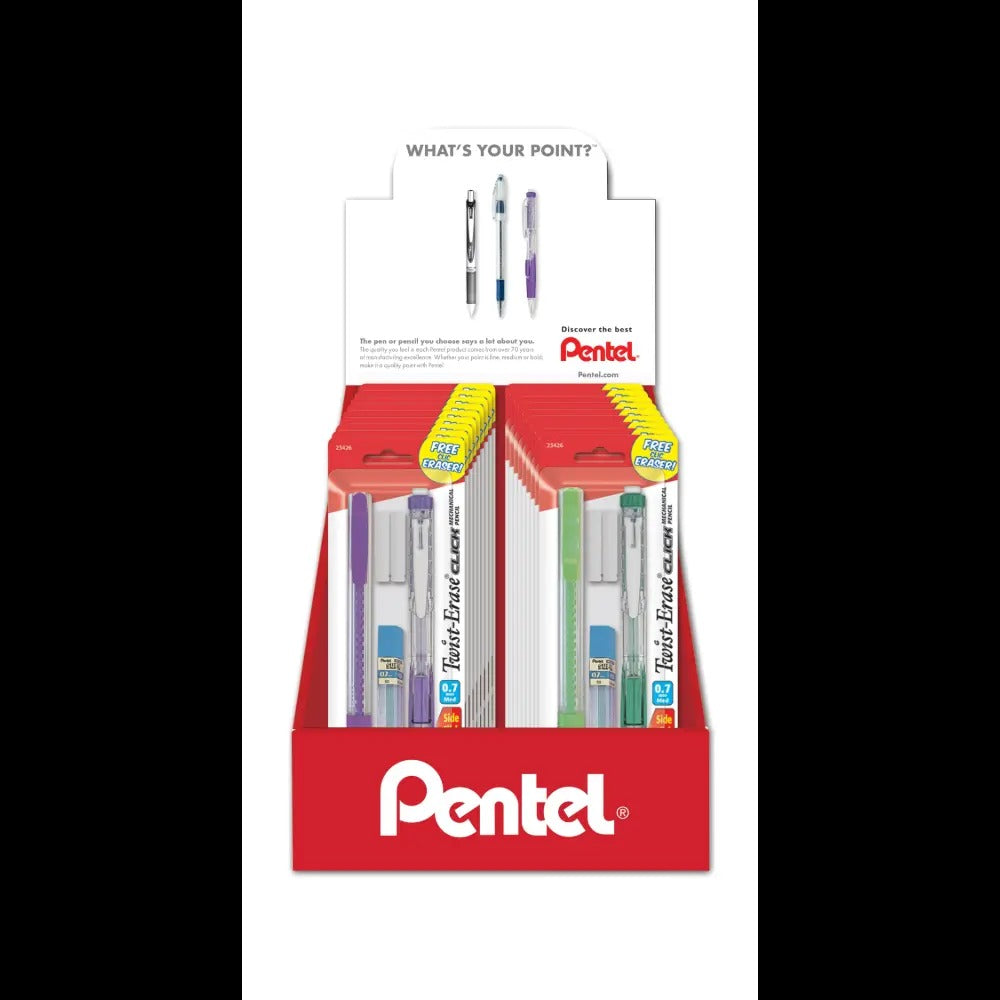 Twist-Erase Click Mechanical Pencil (0.7mm) Medium Line, Assorted Barrel Colors, Lead and Eraser Included, 1-Pks, Blister Pack Counter Display - 18 Pieces