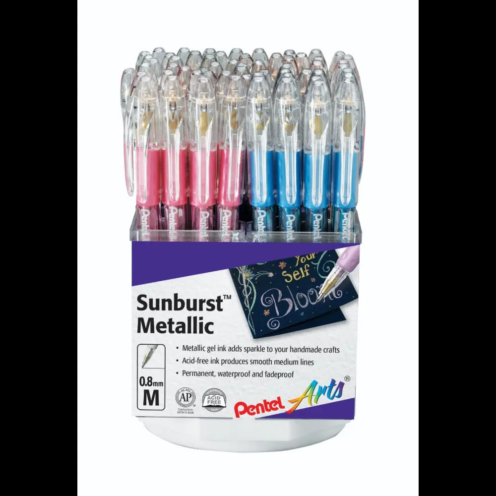 Pentel Arts Sunburst Metallic Gel Pen, Medium Line, Permanent, Assorted Ink Spinner Display - 60 Pieces