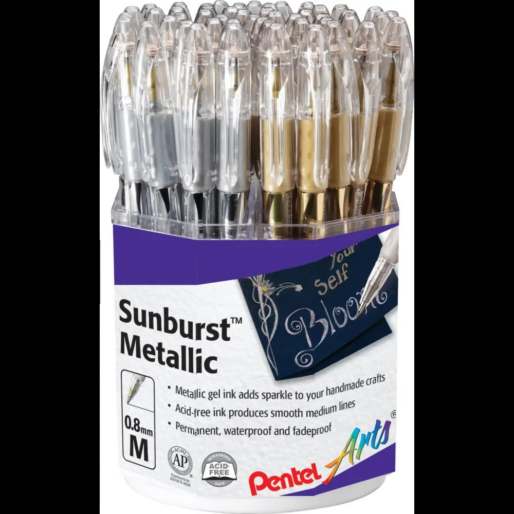Pentel Arts Sunburst Metallic Gel Pen, Medium Line, Gold & Silver Spinner Display - 48 Pieces