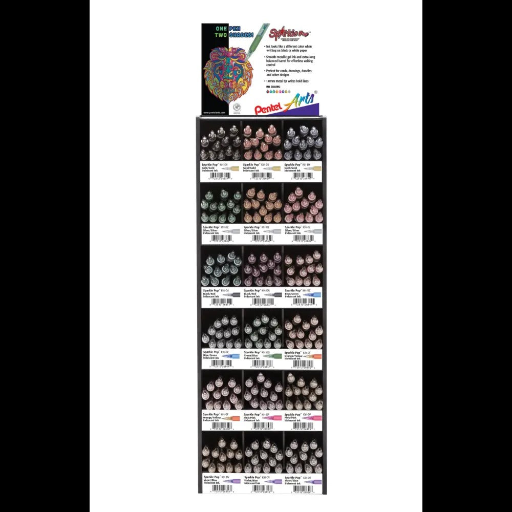 Pentel Arts Sparkle Pop Metallic Gel Pen, Open Stock Tower Display - 216 Pieces