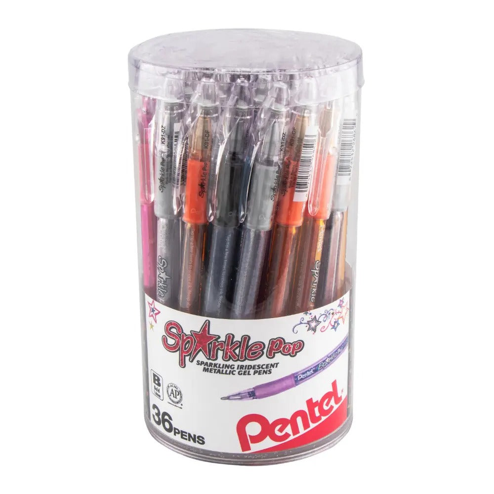 Pentel Sparkle Pop Iridescent Gel Pens, (1.0mm) Bold lines, Assorted Ink (A/C/D/F/P/V/X/Z) 36-pk Canister