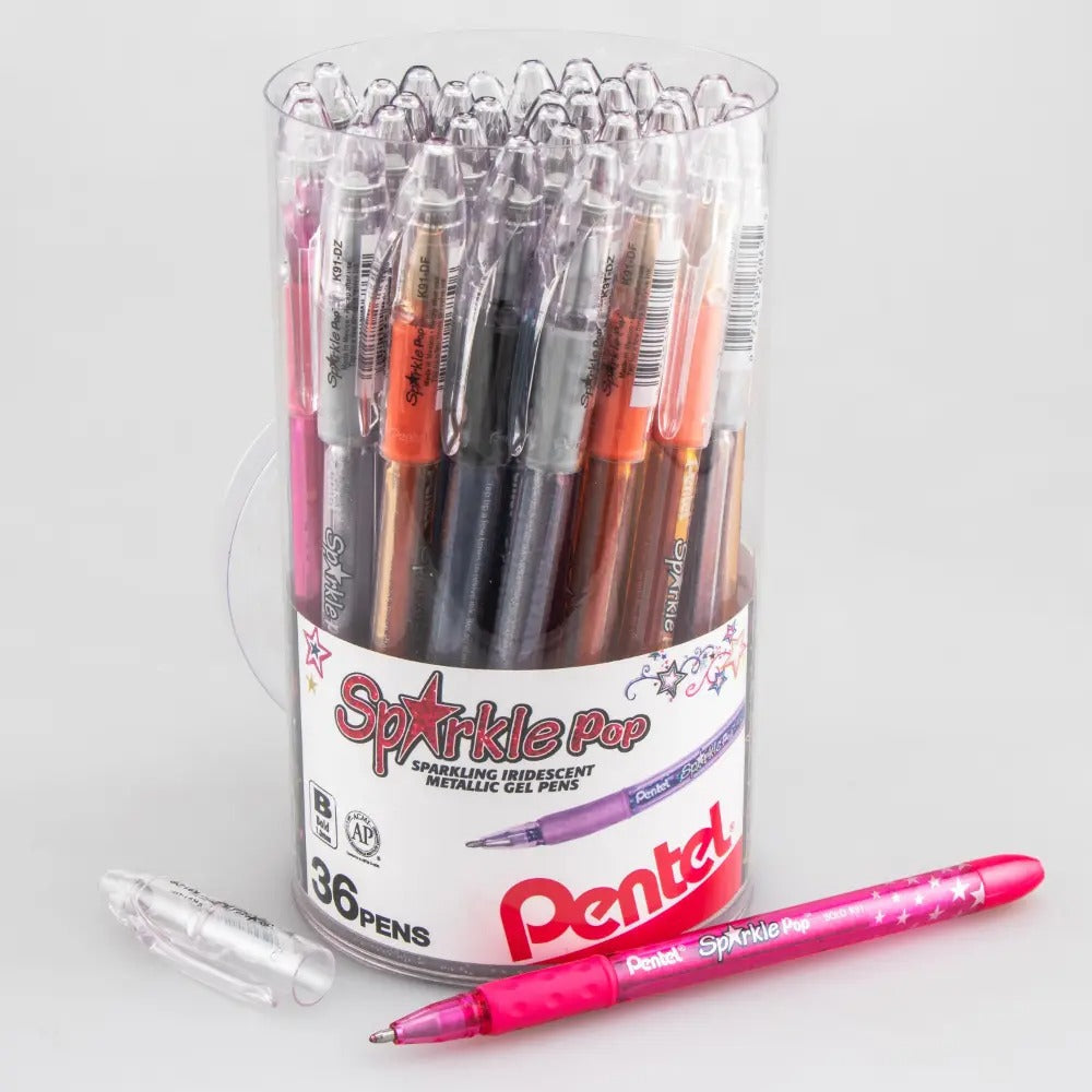 Pentel Sparkle Pop Iridescent Gel Pens, (1.0mm) Bold lines, Assorted Ink (A/C/D/F/P/V/X/Z) 36-pk Canister
