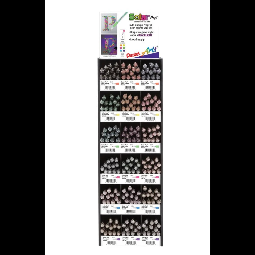 Pentel Arts Solar Pop Neon Gel Ink Tower Display - 216 Pieces