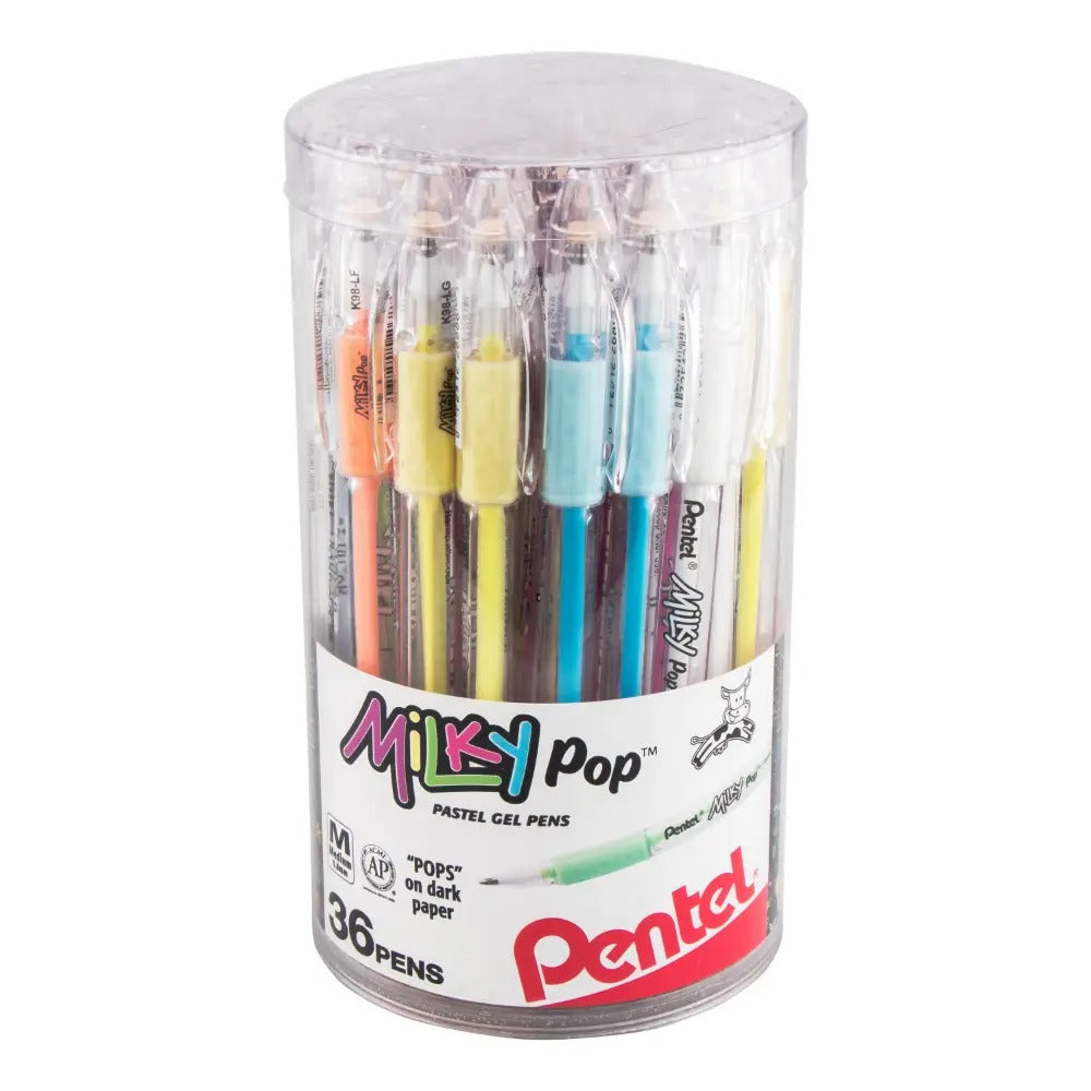 Pentel Milky Pop Pastel Gel Pens, (0.8mm) Med. lines, Assorted Ink (F/G/K/P/S/V/W) 36-pk Canister