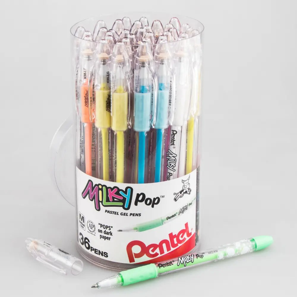 Pentel Milky Pop Pastel Gel Pens, (0.8mm) Med. lines, Assorted Ink (F/G/K/P/S/V/W) 36-pk Canister
