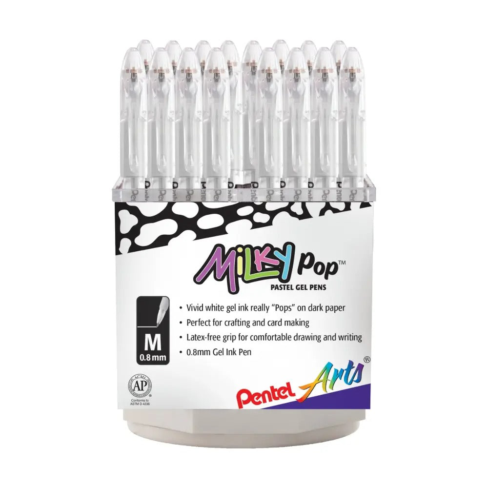 Pentel Arts Milky Pop Pastel Gel Pen (0.8mm) White Ink, Open Stock Spinner Display - 60 Pieces