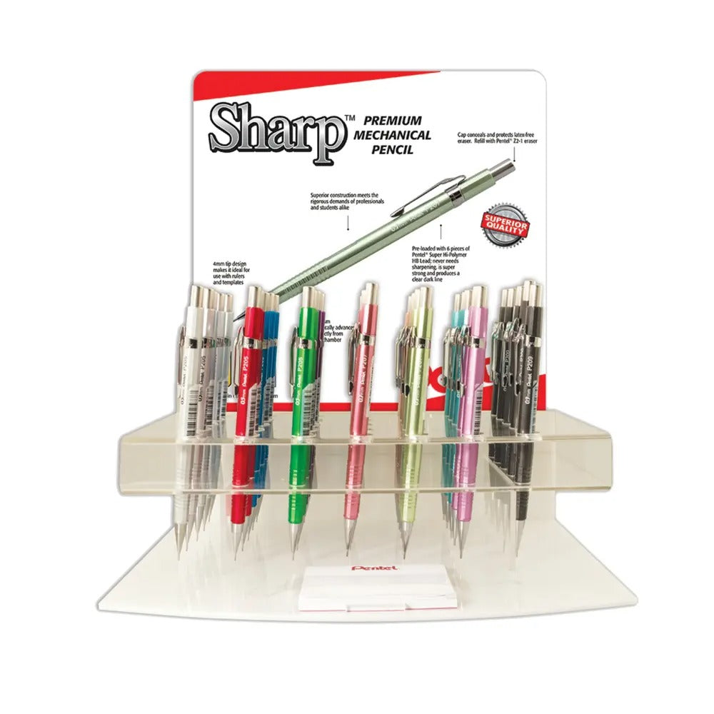 Sharp Premium Mechanical Pencil, (0.5/0.7/0.9mm) Metallic Barrels, Assorted Barrel Colors, Open Stock Display - 35 Pieces