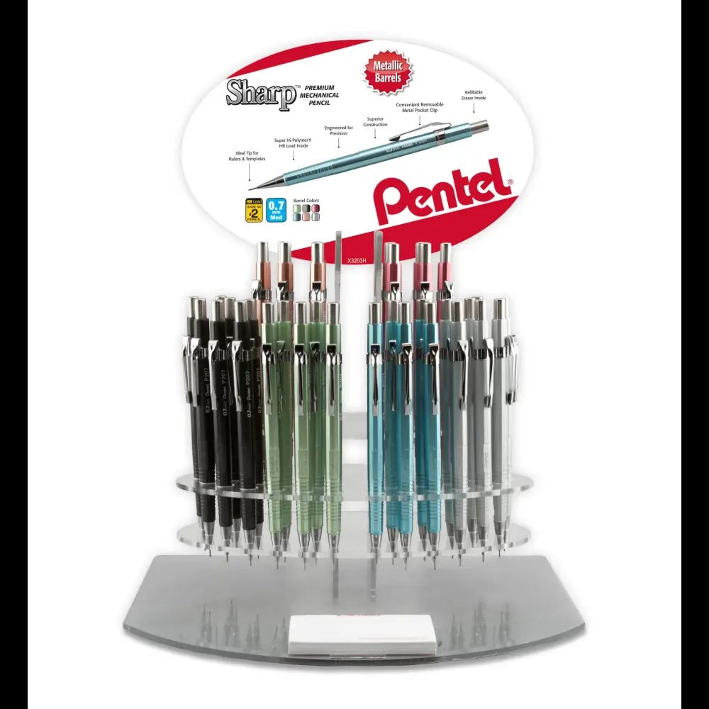 Sharp Mechanical Pencil (0.7mm) Metallic Barrels, Assorted Barrel Colors, Open Stock Display - 36 Pieces