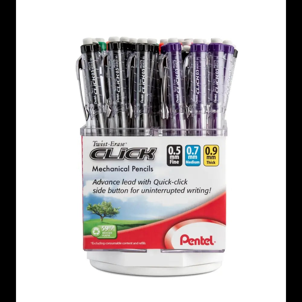 Twist-Erase Click Mechanical Pencil, (0.5/0.7/0.9mm) Assorted Barrel Colors, Spinner Display - 48 Pieces