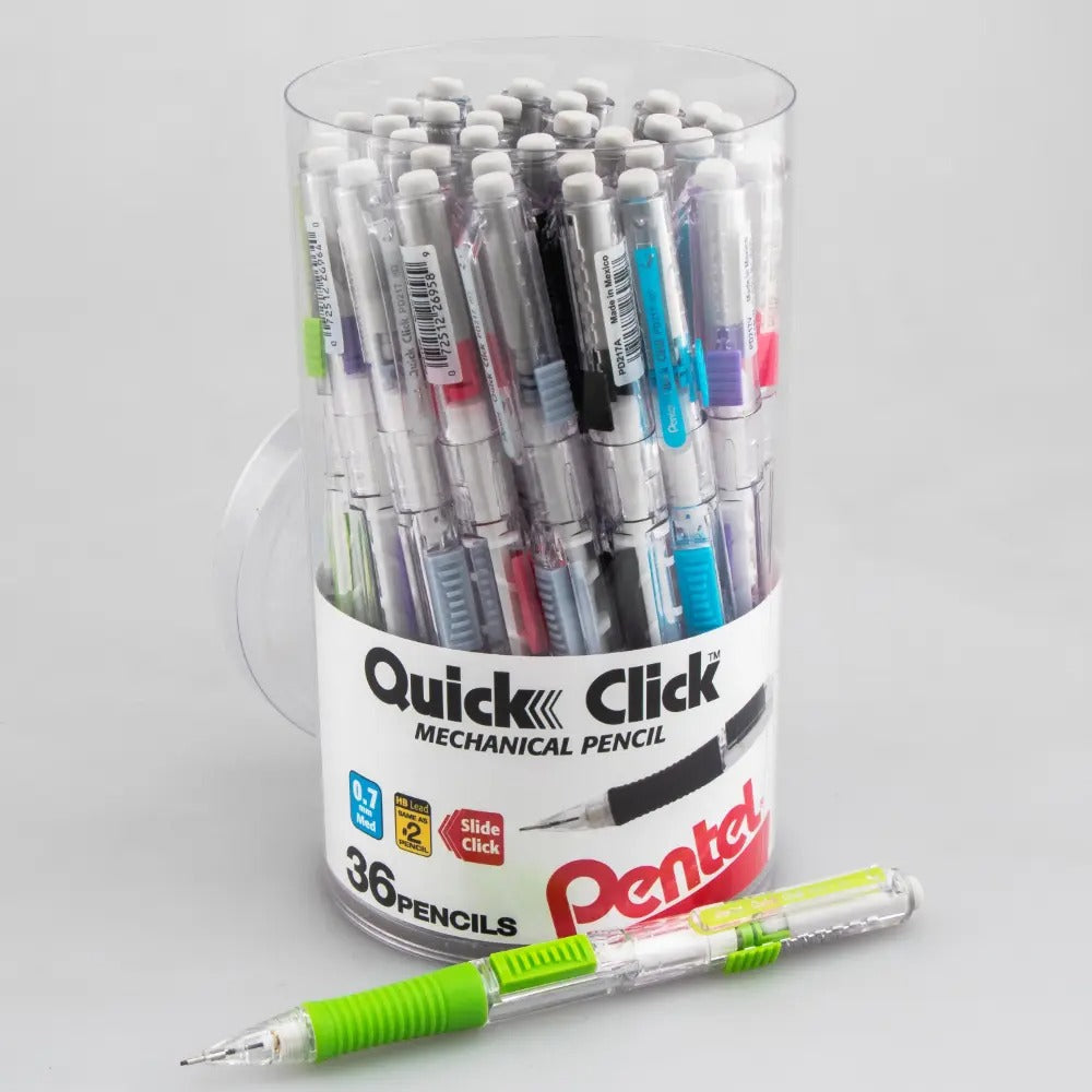 Pentel Quick Click Mechanical Pencil, (0.7mm) Med line, Canister, Assorted Colors (A/D/N/P/S/V), 36-pk