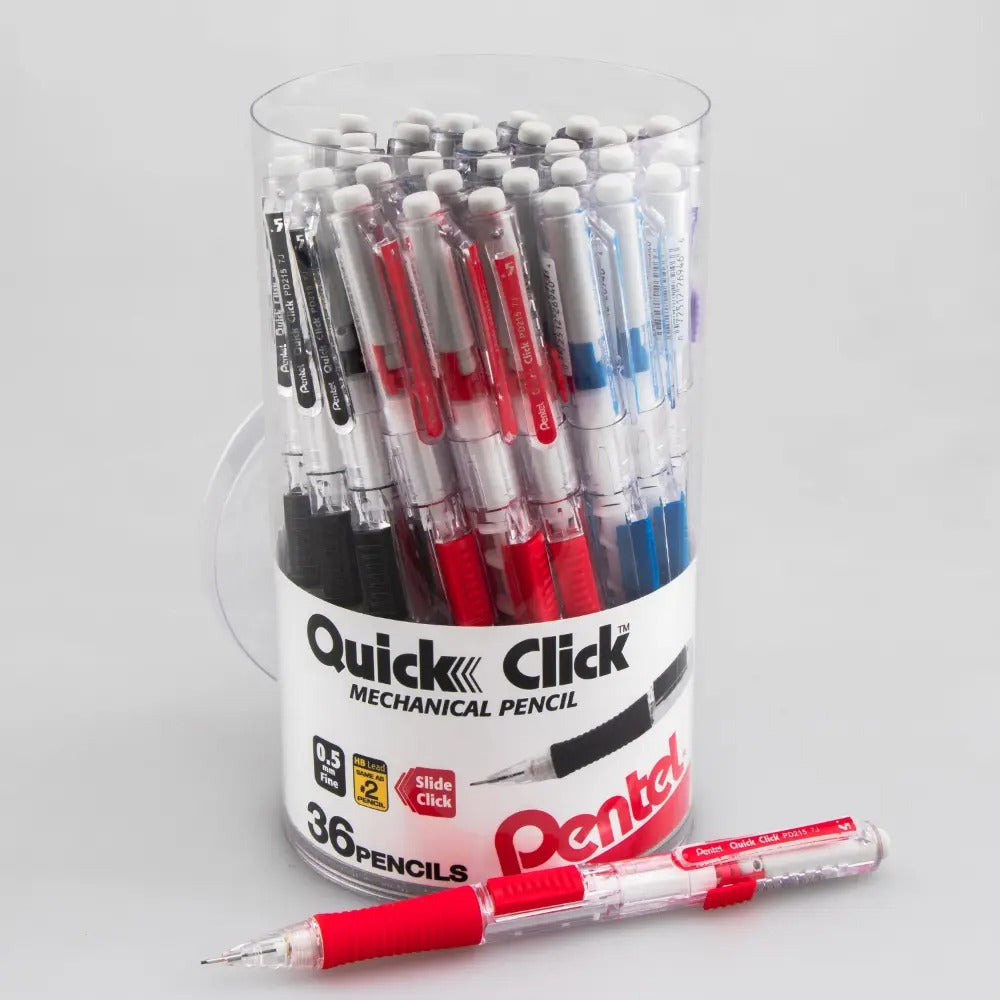 Pentel Quick Click Mechanical Pencil, (0.5mm) Fine line, Canister, Assorted Colors (A/B/C/N/V), 36-pk