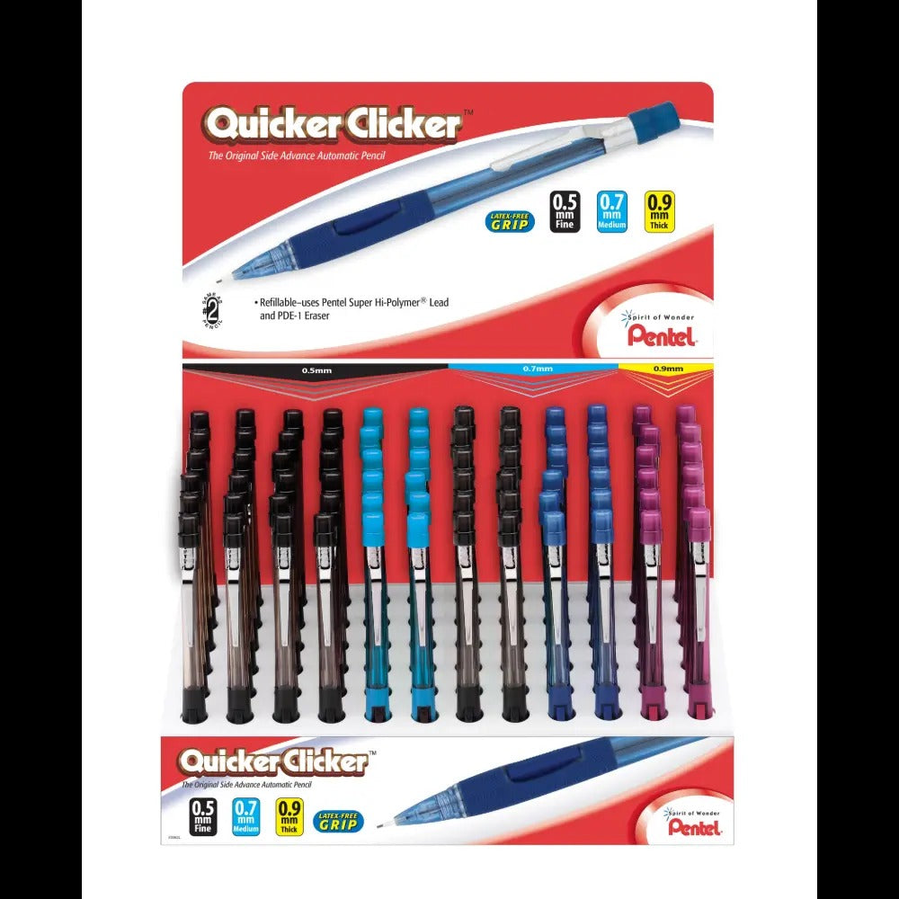 Quicker Clicker Mechanical Pencil, (0.5/0.7mm) Assorted Transparent Barrel Open Stock Display - 72 Pieces