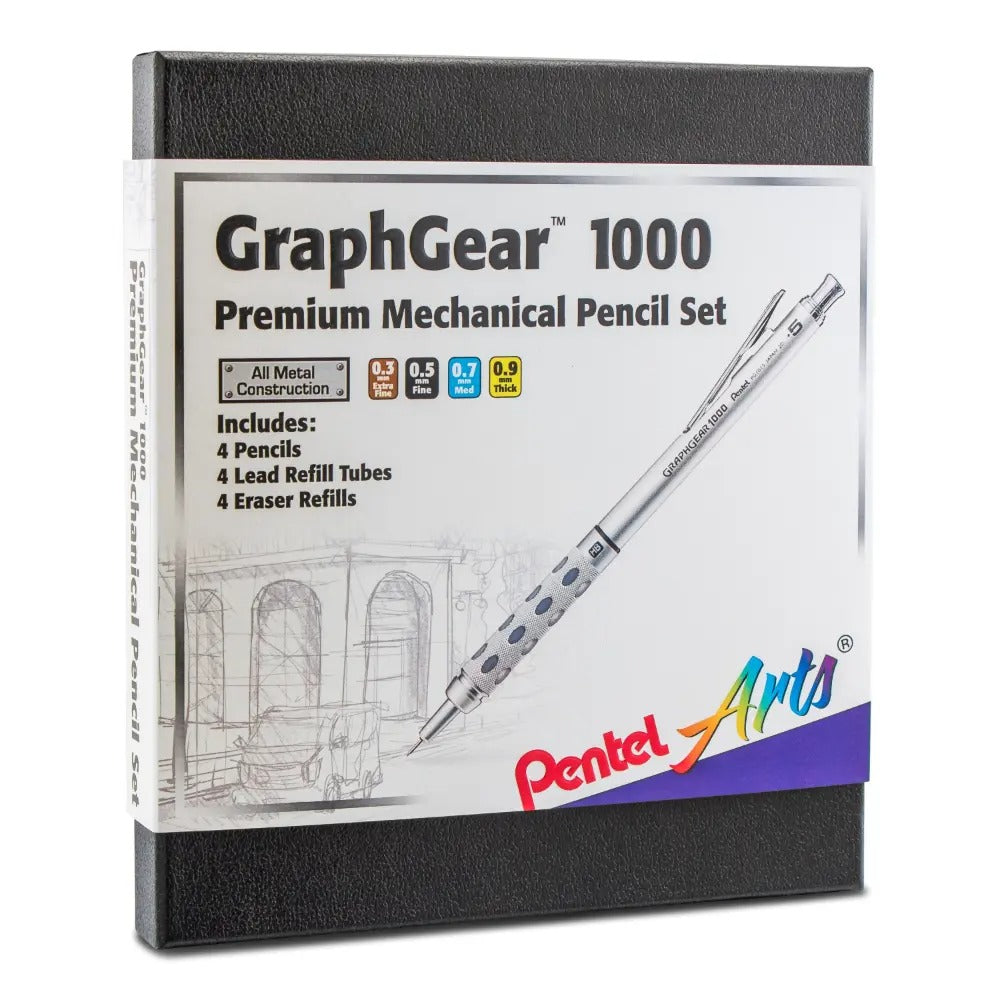 Pentel Arts GraphGear 1000 Premium Automatic Drafting Pencil Set (0.3mm, 0.5mm, 0.7mm, 0.9mm), 4 Asst. Leads, Refill Erasers, Assorted Gift Box Set