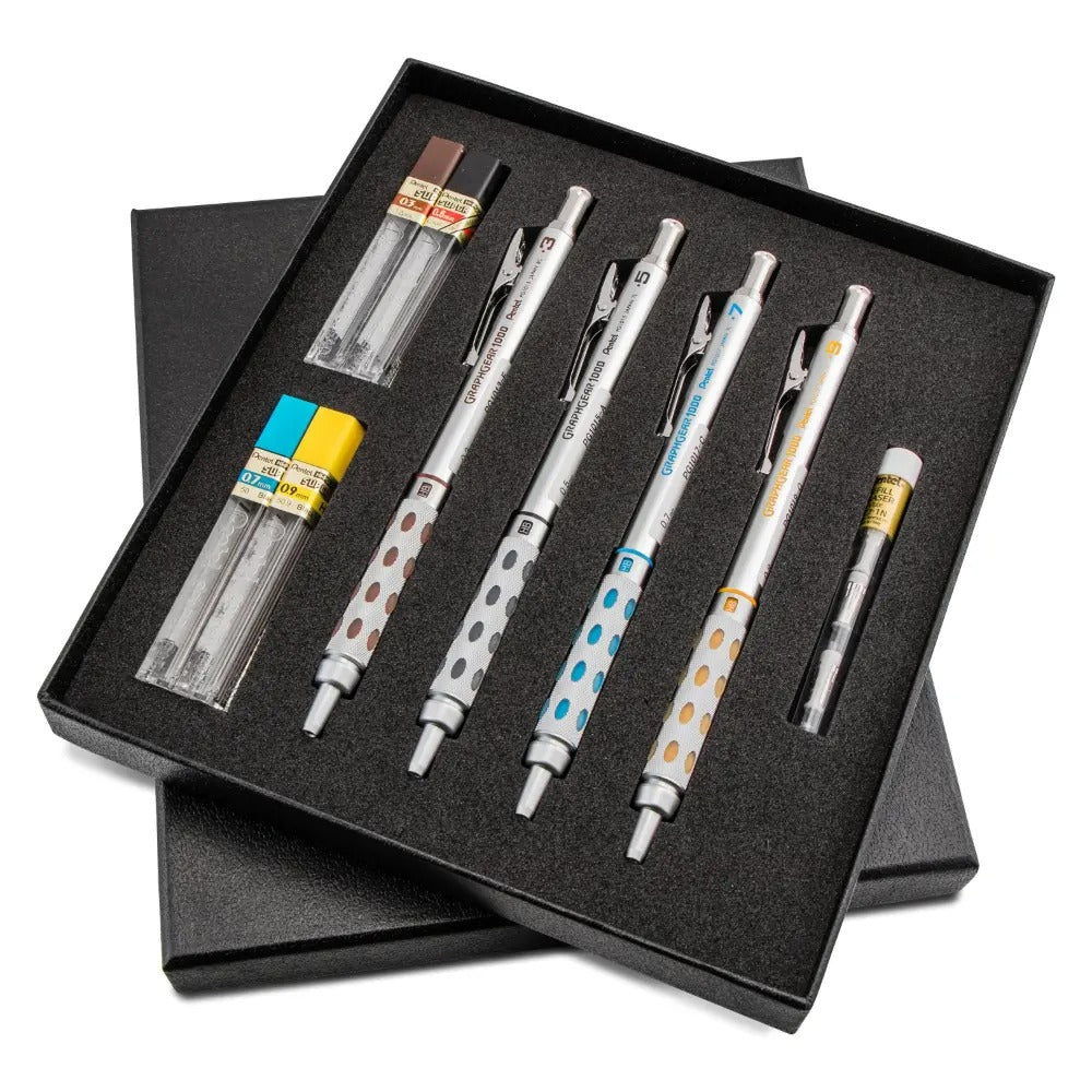 Pentel Arts GraphGear 1000 Premium Automatic Drafting Pencil Set (0.3mm, 0.5mm, 0.7mm, 0.9mm), 4 Asst. Leads, Refill Erasers, Assorted Gift Box Set