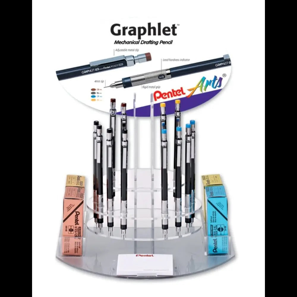 Graphlet Mechanical Pencil, (0.3/0.5/0.7/0.9mm) Assorted Accent Barrel Colors, Refill Lead & Eraser, Open Stock Display - 60 Pieces