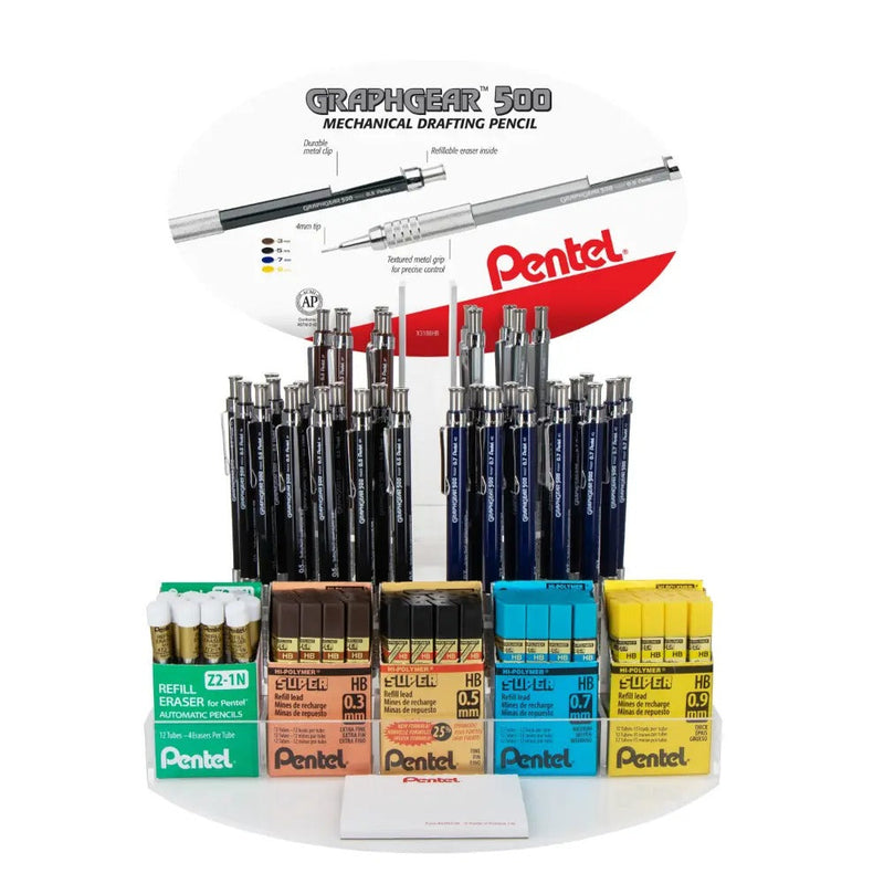 GraphGear 500 Premium Mechanical Pencil, (0.5/0.7/0.9mm) Assorted Barrel Colors, Refill Lead & Eraser, Open Stock Display - 96 Pieces