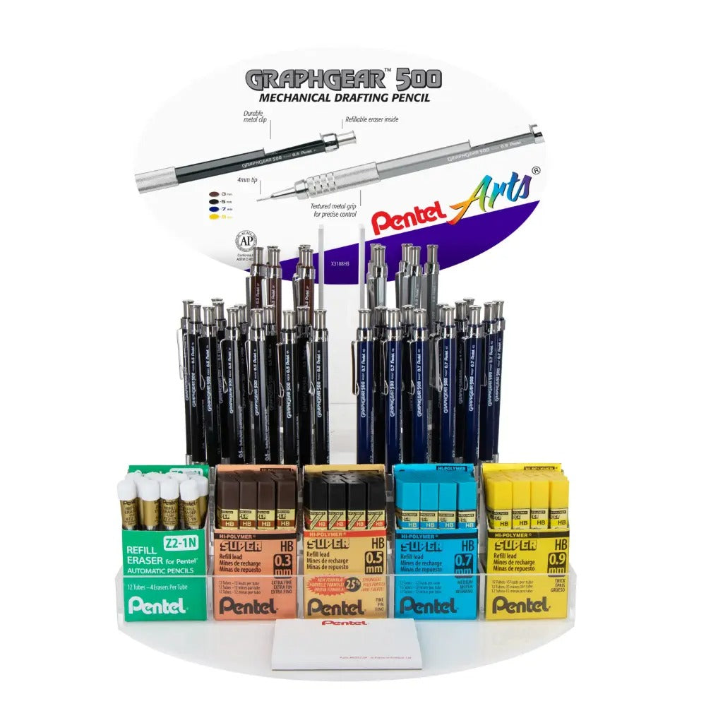 GraphGear 500 Premium Mechanical Pencil, (0.5/0.7/0.9mm) Assorted Barrel Colors, Refill Lead & Eraser, Open Stock Display - 96 Pieces