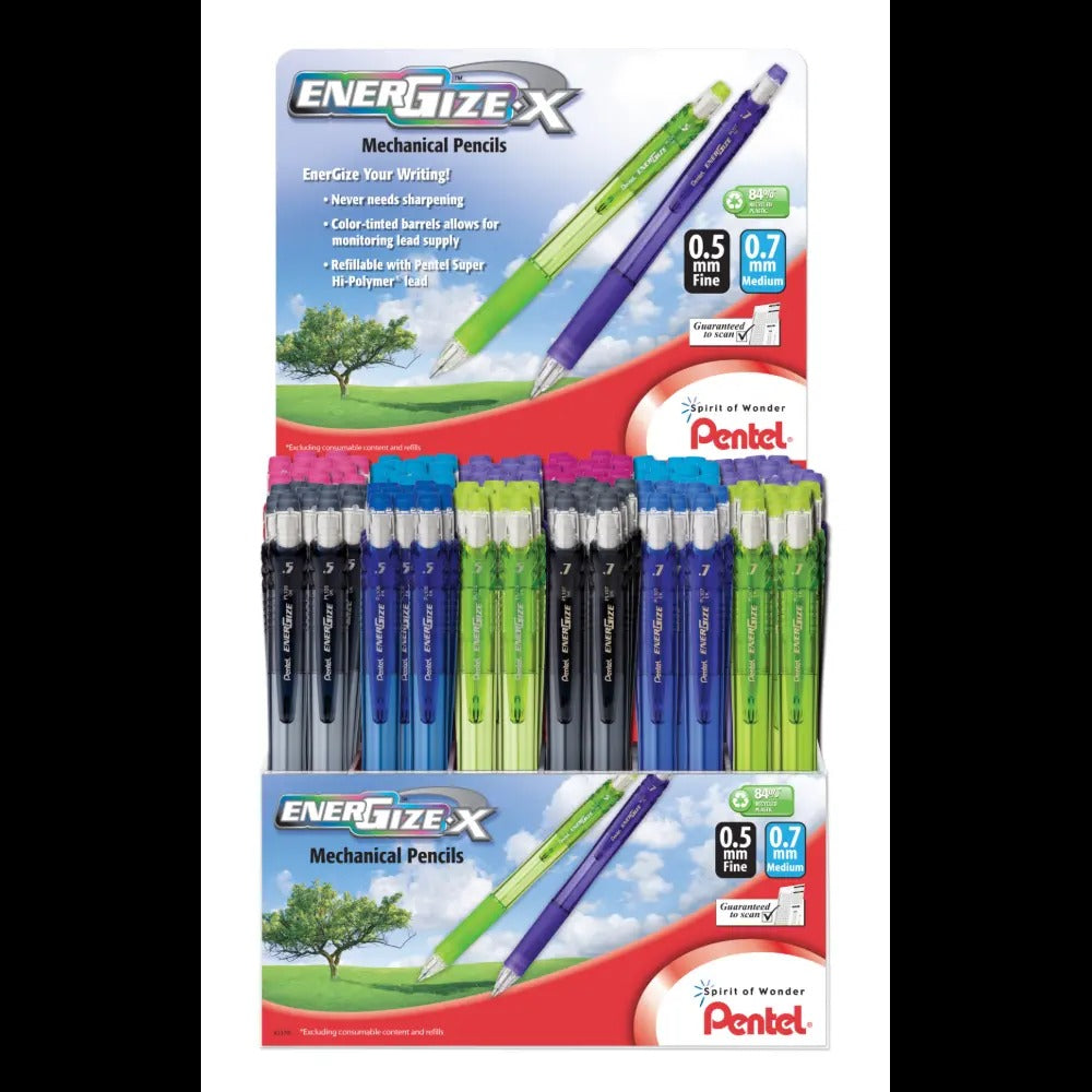 EnerGize-X Mechanical Pencil, (0.5mm & 0.7mm) Assorted Barrel Colors, Open Stock Display - 144 Pieces