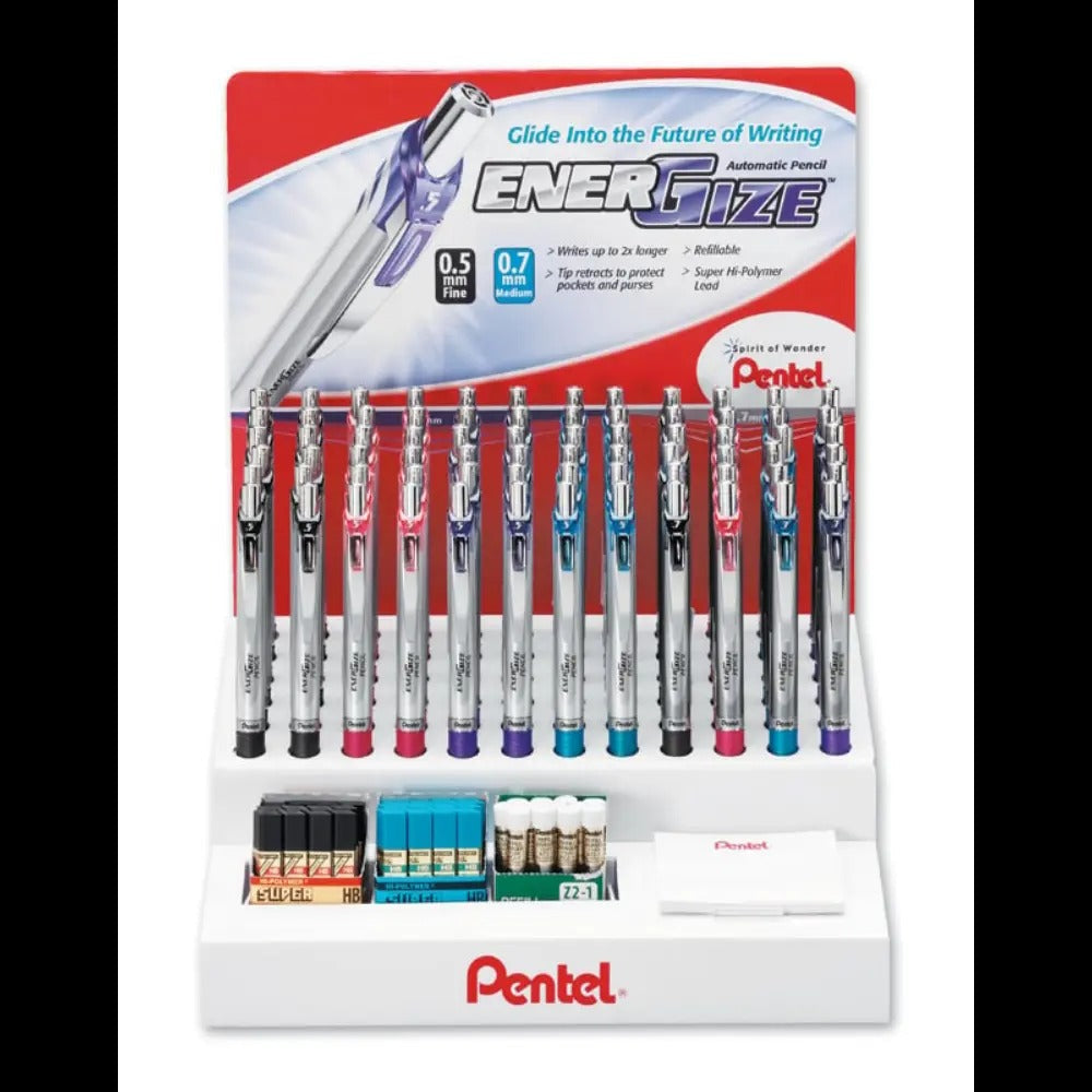 EnerGize Mechanical Pencil, (0.5/0.7mm) Assorted Accent Barrel Colors, Refill Lead & Eraser, Open Stock Display - 108 Pieces
