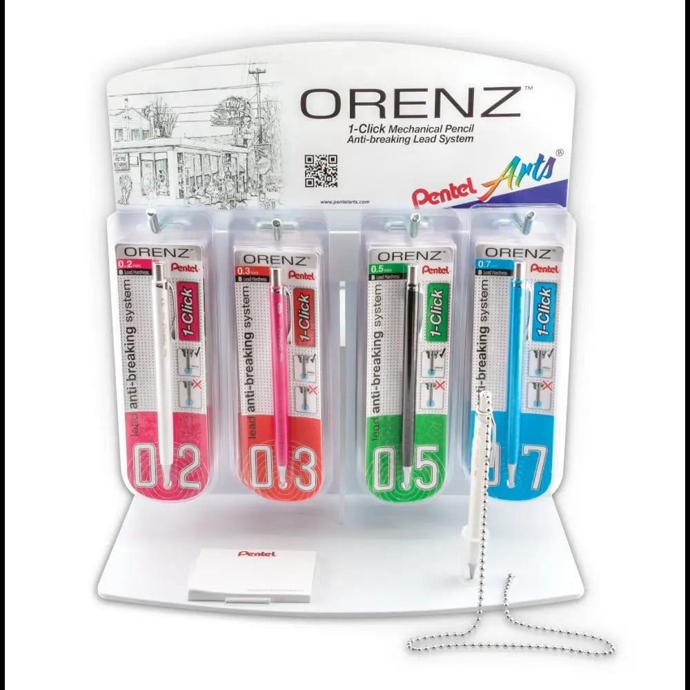 Pentel Arts ORENZ 1-Click Mechanical Pencil (0.2mm/0.3mm/0.5mm/0.7mm), Open Stock Display - 24 Pieces