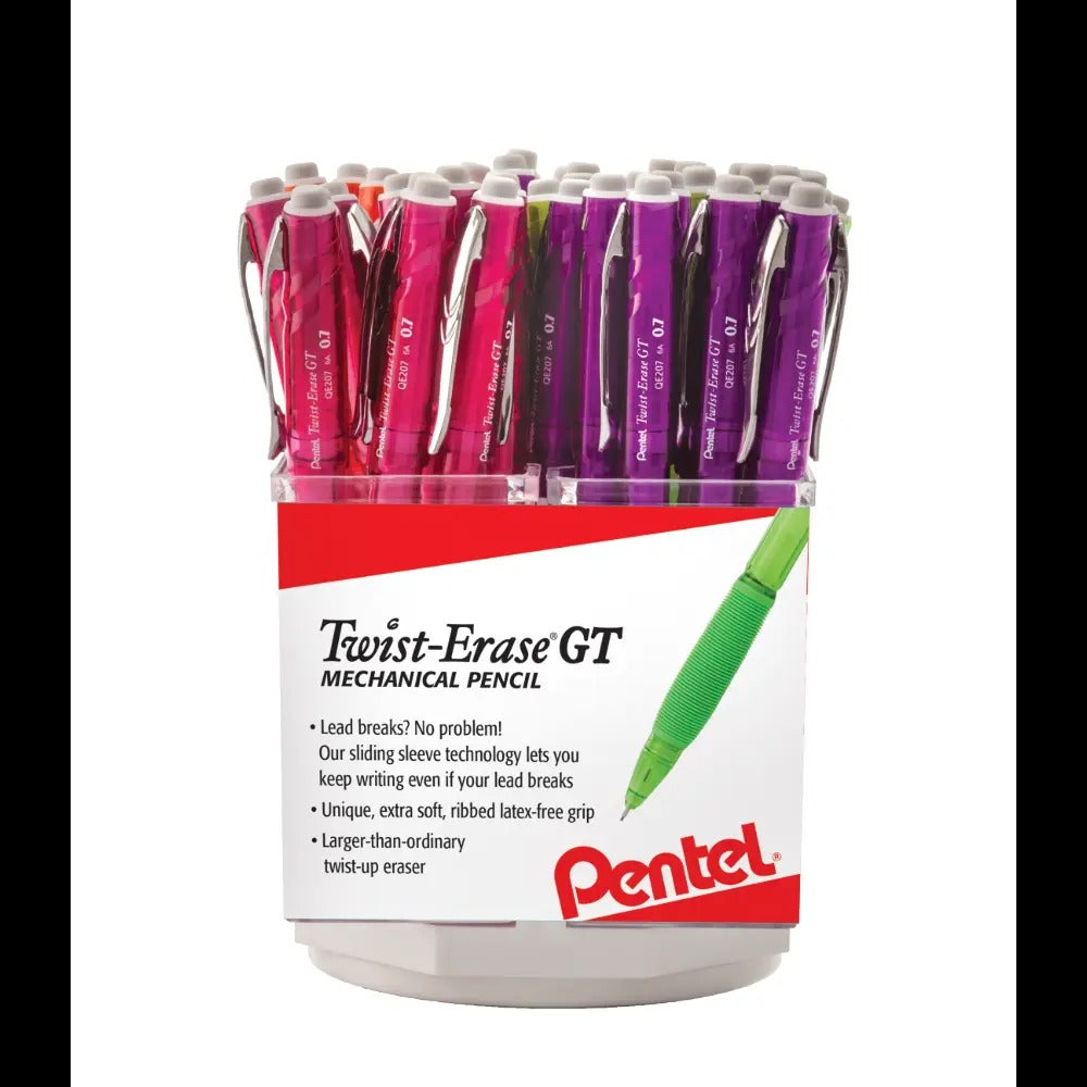 Twist-Erase GT 1-CLICK Mechanical Pencil, (0.7mm) Assorted Barrel Colors (F/K/P/V), Open Stock Spinner Display - 48 Pieces