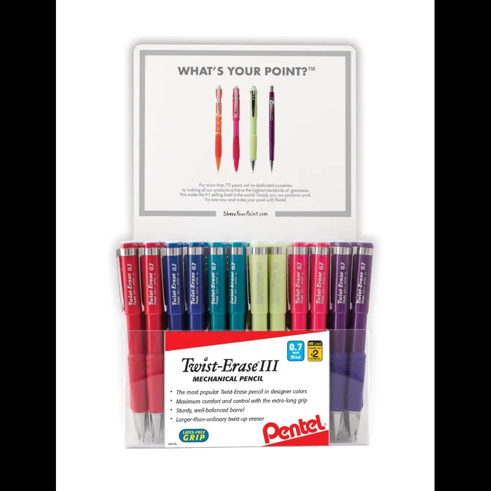 Twist-Erase III Mechanical Pencil, (0.7mm) Assorted Barrel Colors (B/C/D2/K/P/V), Open Stock Display - 72 Pieces