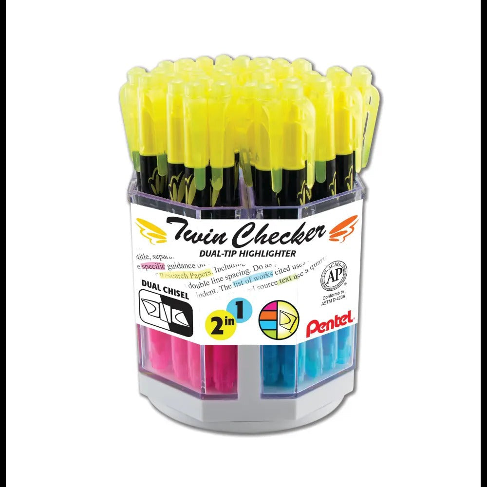 Twin Checker Dual-tip Highlighter, Chisel Tip, Assorted Colors, Spinner Display - 48pcs