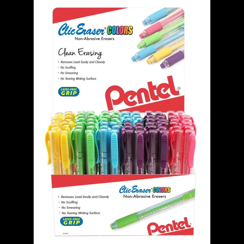 Clic Eraser COLORS, Retractable Pen Eraser, Assorted Eraser Colors, Open Stock Display - 72 Pieces