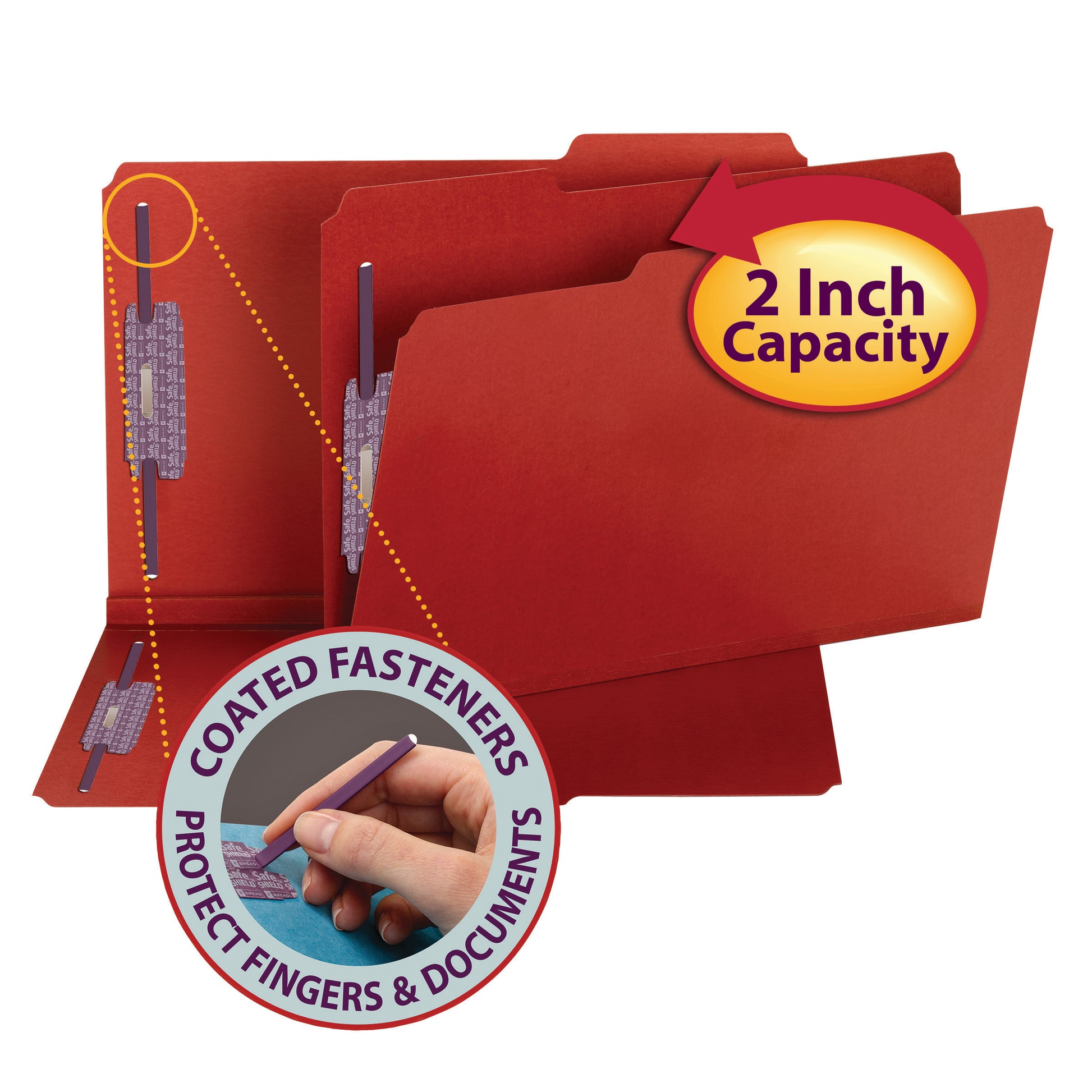 Bulk Discounts on Smead Fastener Folders - Pressboard File Folder with SafeSHIELDâˆ† Fasteners, 2 Fasteners, 1/3-Cut Tab, 2" Expansion, Legal Size, Bright Red, 25 per Box (19936)