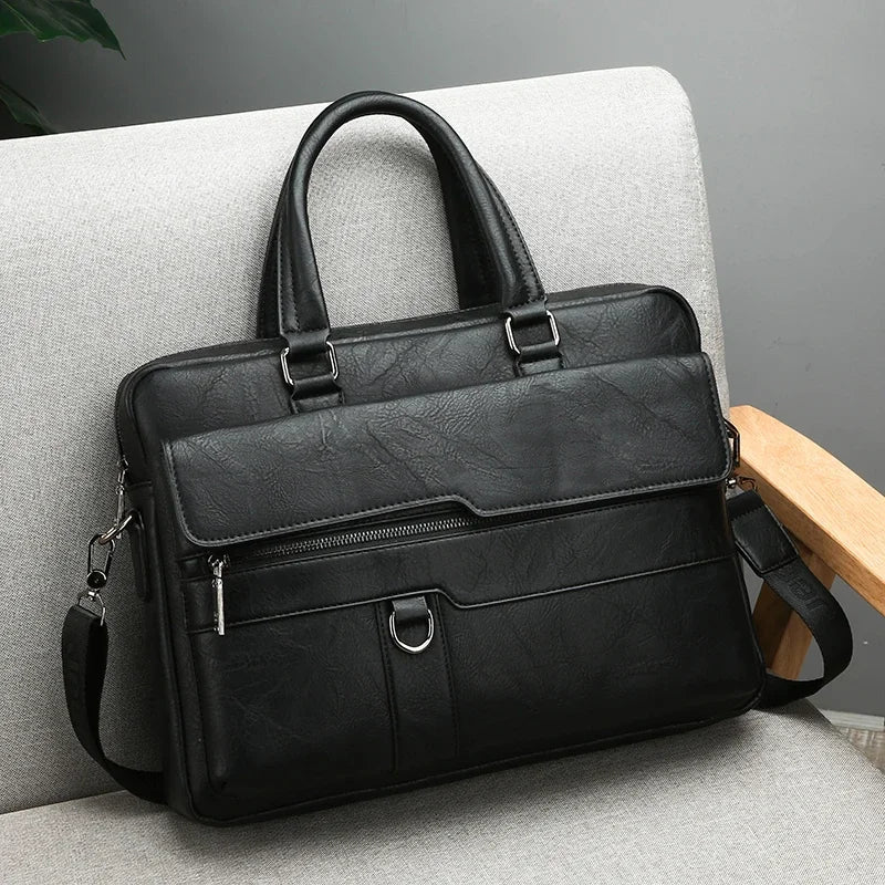 Black leather-look briefcase with shoulder strap