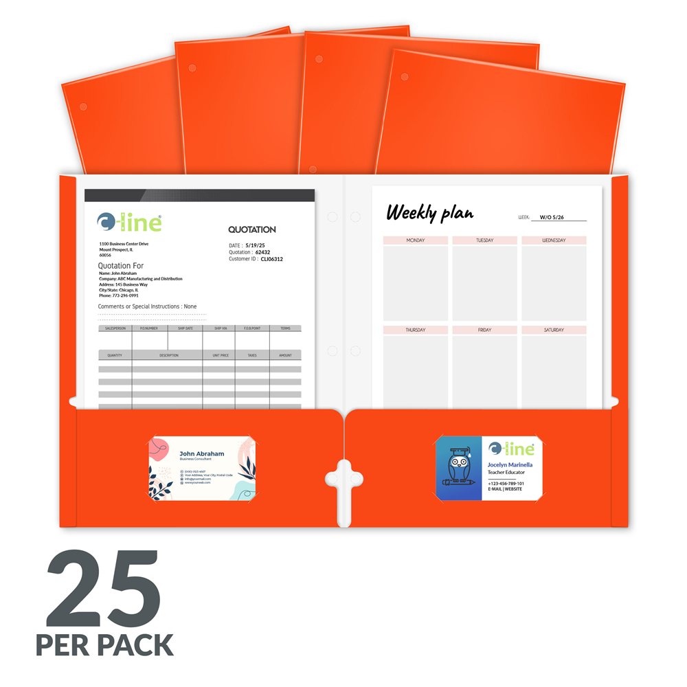 Laminated two-pocket paper portfolios, non-prong with three-hole punch, orange, 25/PK