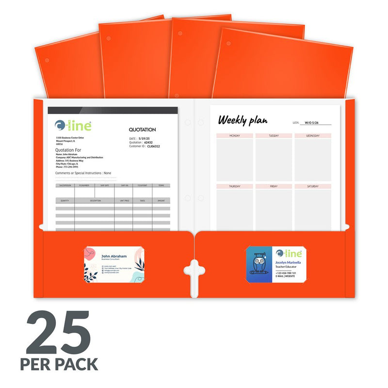 Laminated two-pocket paper portfolios, non-prong with three-hole punch, orange, 25/PK