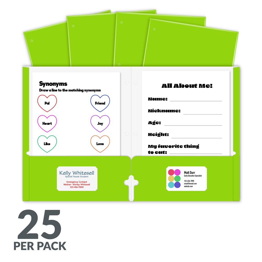 Laminated two-pocket paper portfolios, non-prong with three-hole punch, green, 25/PK