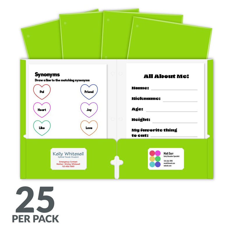 Laminated two-pocket paper portfolios, non-prong with three-hole punch, green, 25/PK