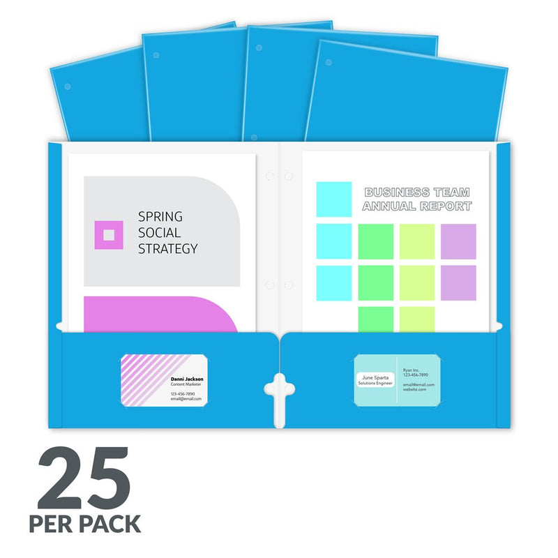 Laminated two-pocket paper portfolios, non-prong with three-hole punch, blue, 25/PK