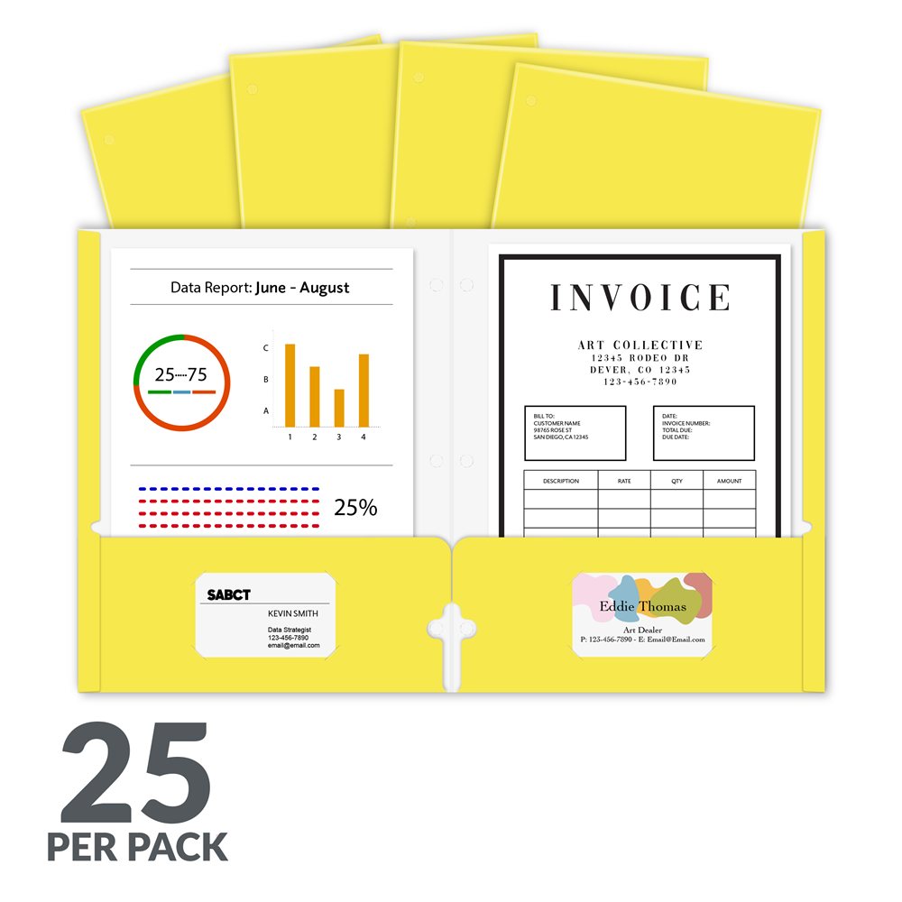 Laminated two-pocket paper portfolios, non-prong with three-hole punch, yellow, 25/PK