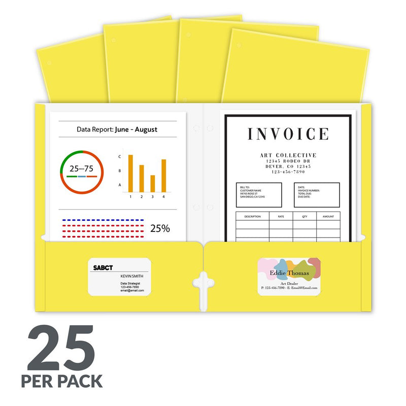 Laminated two-pocket paper portfolios, non-prong with three-hole punch, yellow, 25/PK