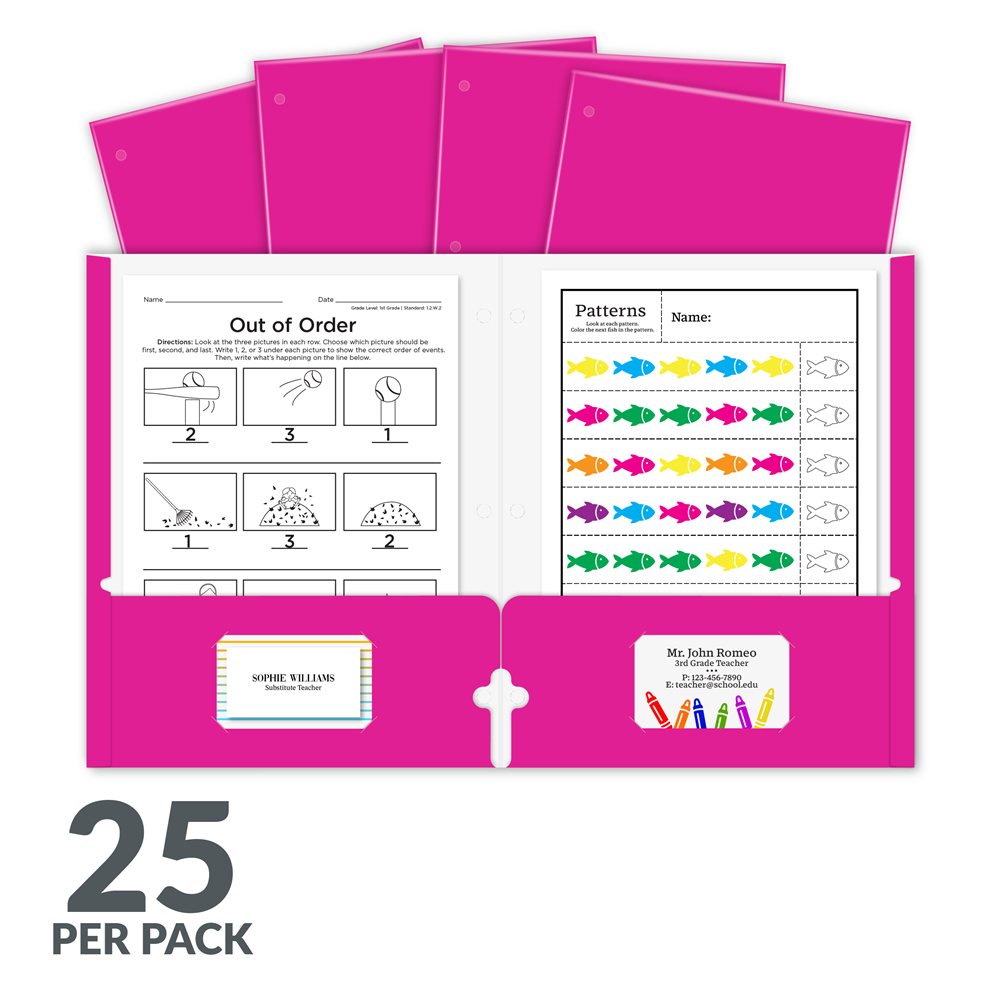 Laminated two-pocket paper portfolios, non-prong with three-hole punch, pink, 25/PK