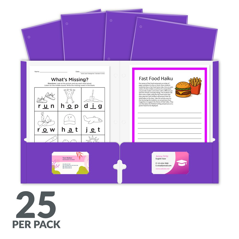 Laminated two-pocket paper portfolios, non-prong with three-hole punch, purple, 25/PK