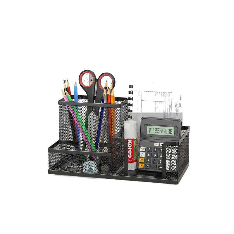 Black mesh desk organizer with supplies