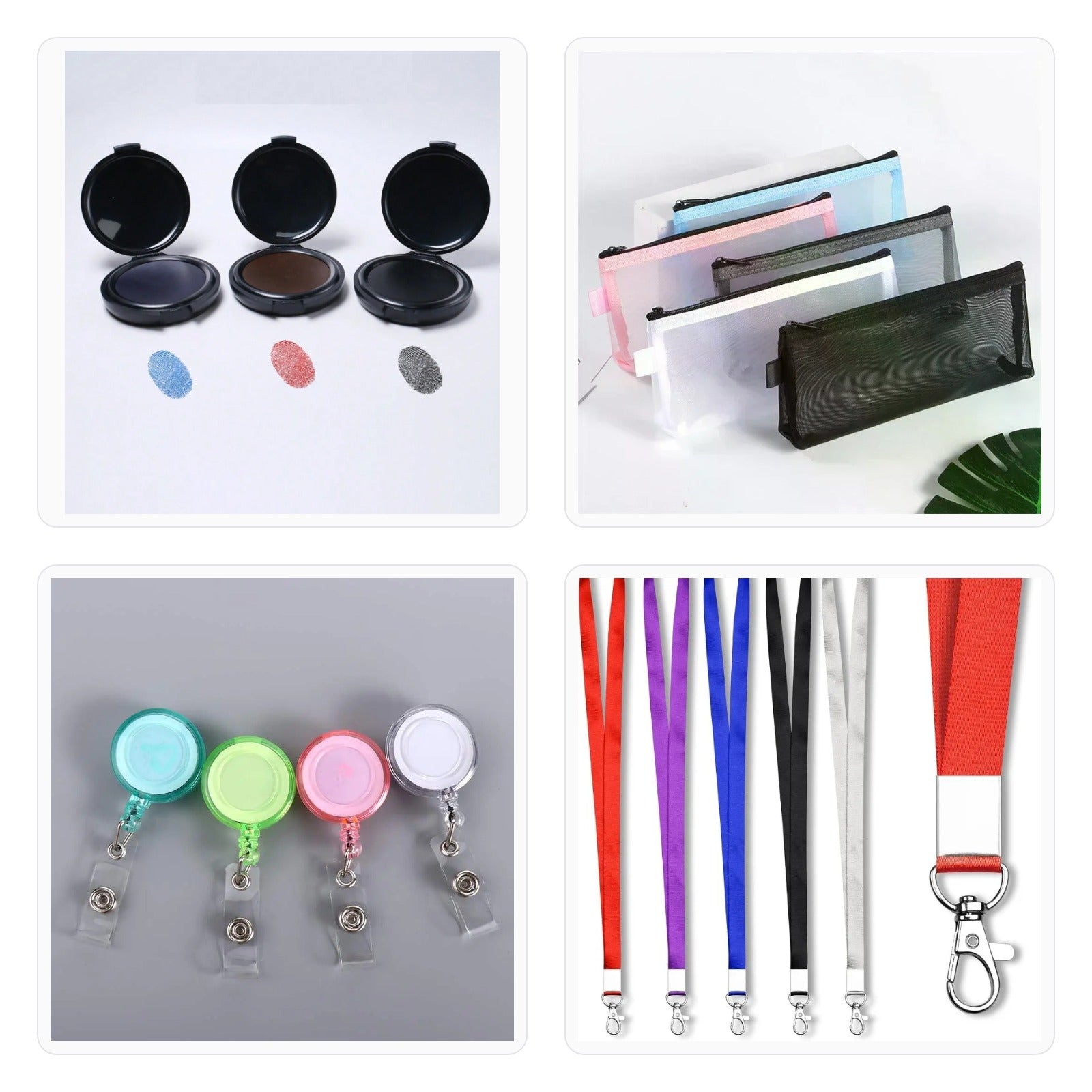 A 2x2 collage showing four types of office accessories: three compact makeup cases with color swatches, a stack of clear mesh pencil pouches, four retractable badge reel pens in teal, green, pink, and white, and several lanyards in red, purple, blue, black, white, and red.
