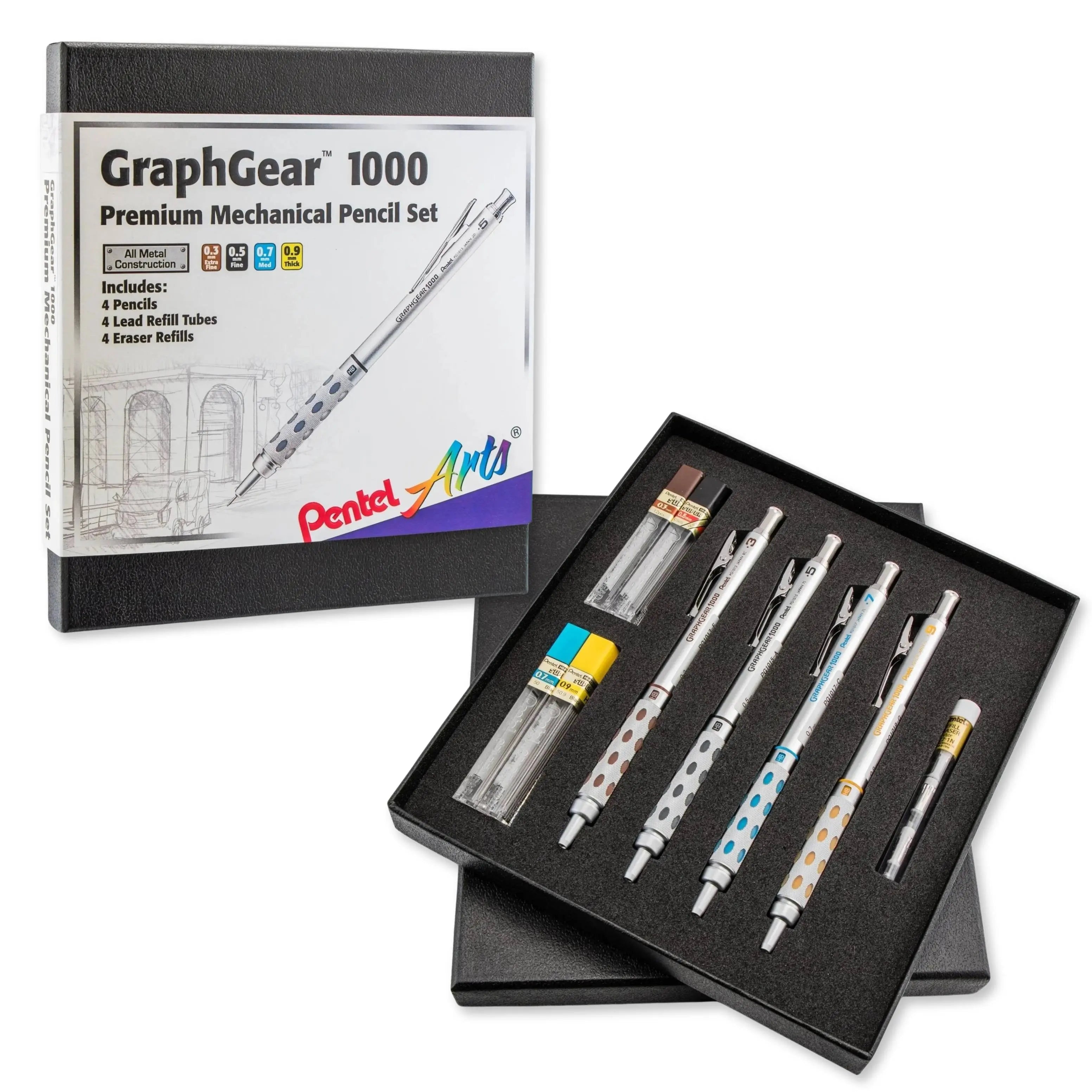 Pentel Arts GraphGear 1000 Premium Automatic Drafting Pencil Set (0.3mm, 0.5mm, 0.7mm, 0.9mm), 4 Asst. Leads, Refill Erasers, Assorted Gift Box Set